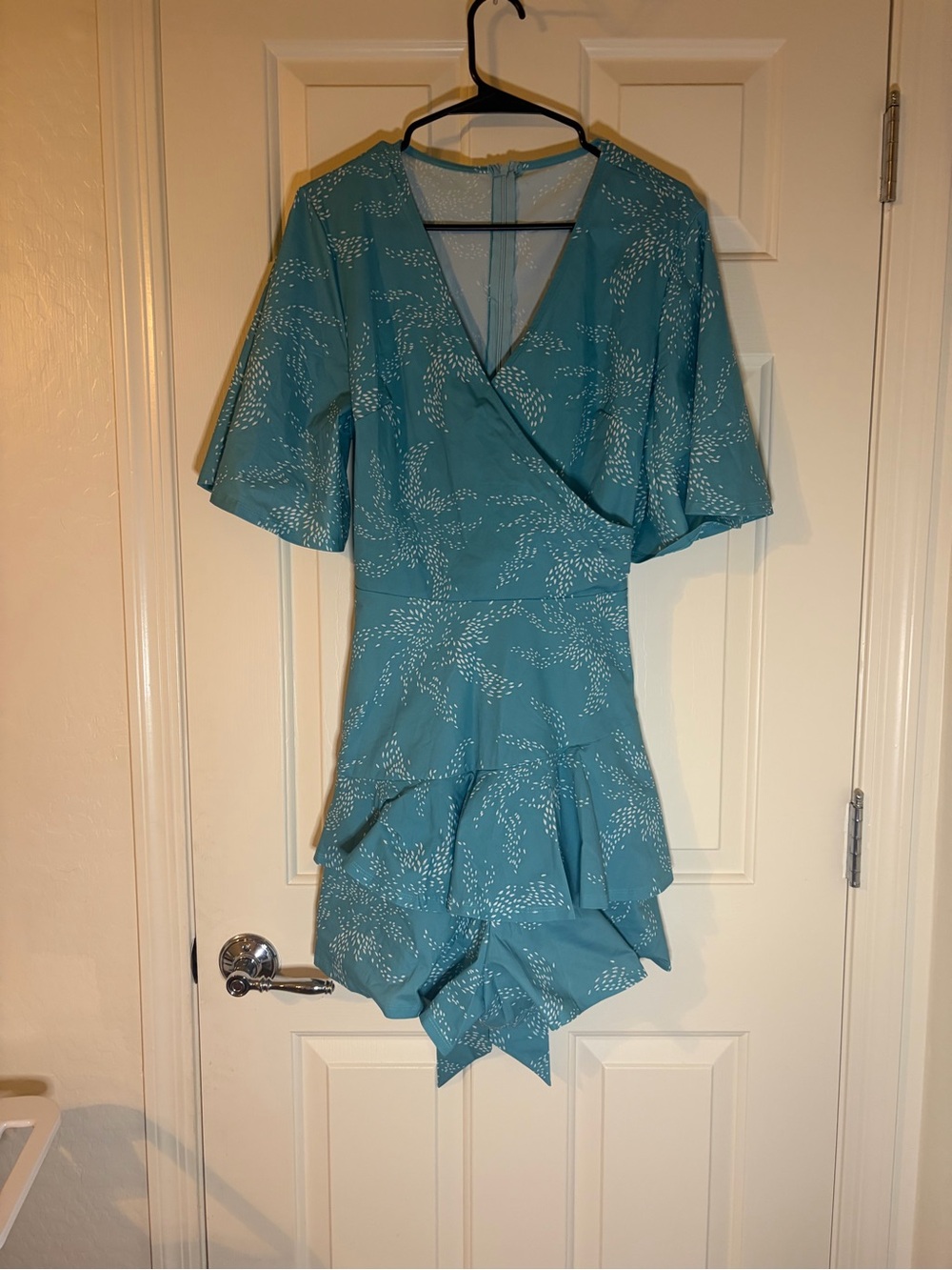 Teal Floral Print Mini Wrap Dress with Ruffle Hem